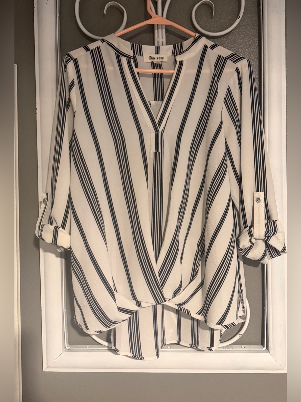Blue Mood Women's White and Black Striped Blouse